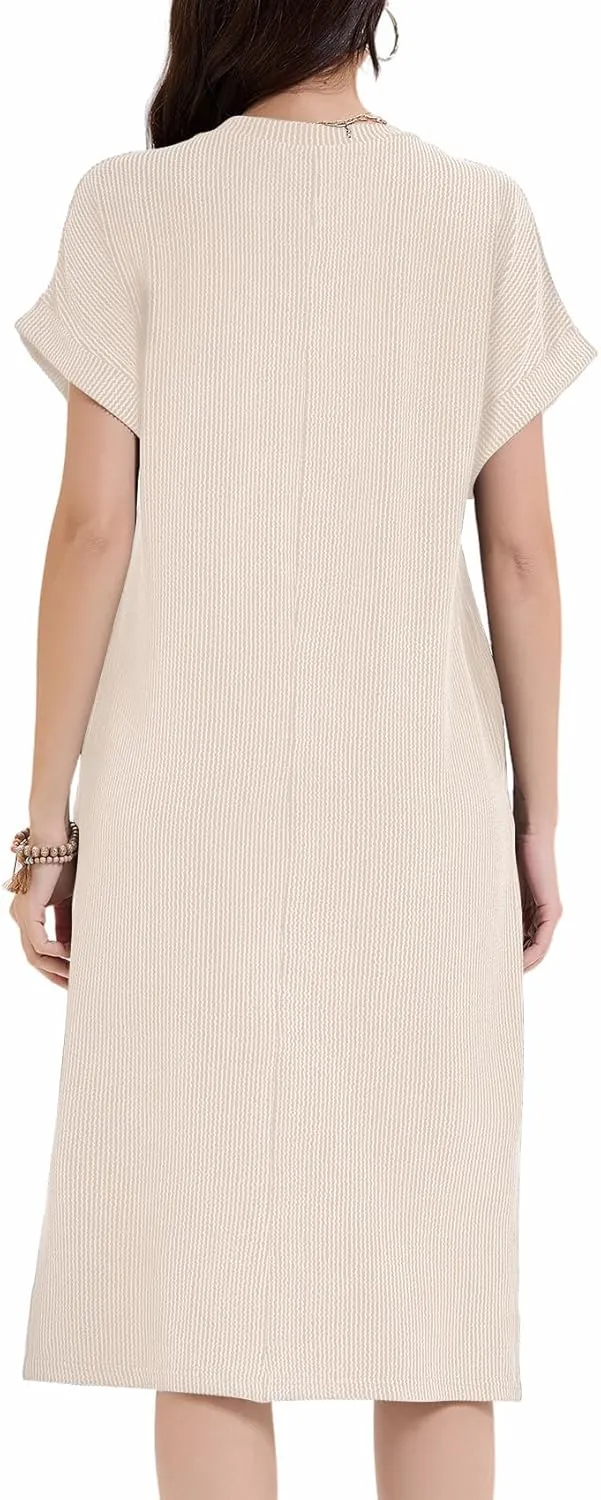 Womens Casual Summer Crewneck T Shirt Dress Ribbed Pattern Loose Split Dress with Pockets