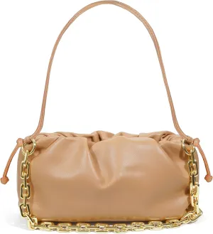 Women's Chain Link Cloud Clutch Bag | Dumpling-Shaped Pouch Purse Handbag | Ruched Chunky Chain Link Shoulder Handbags