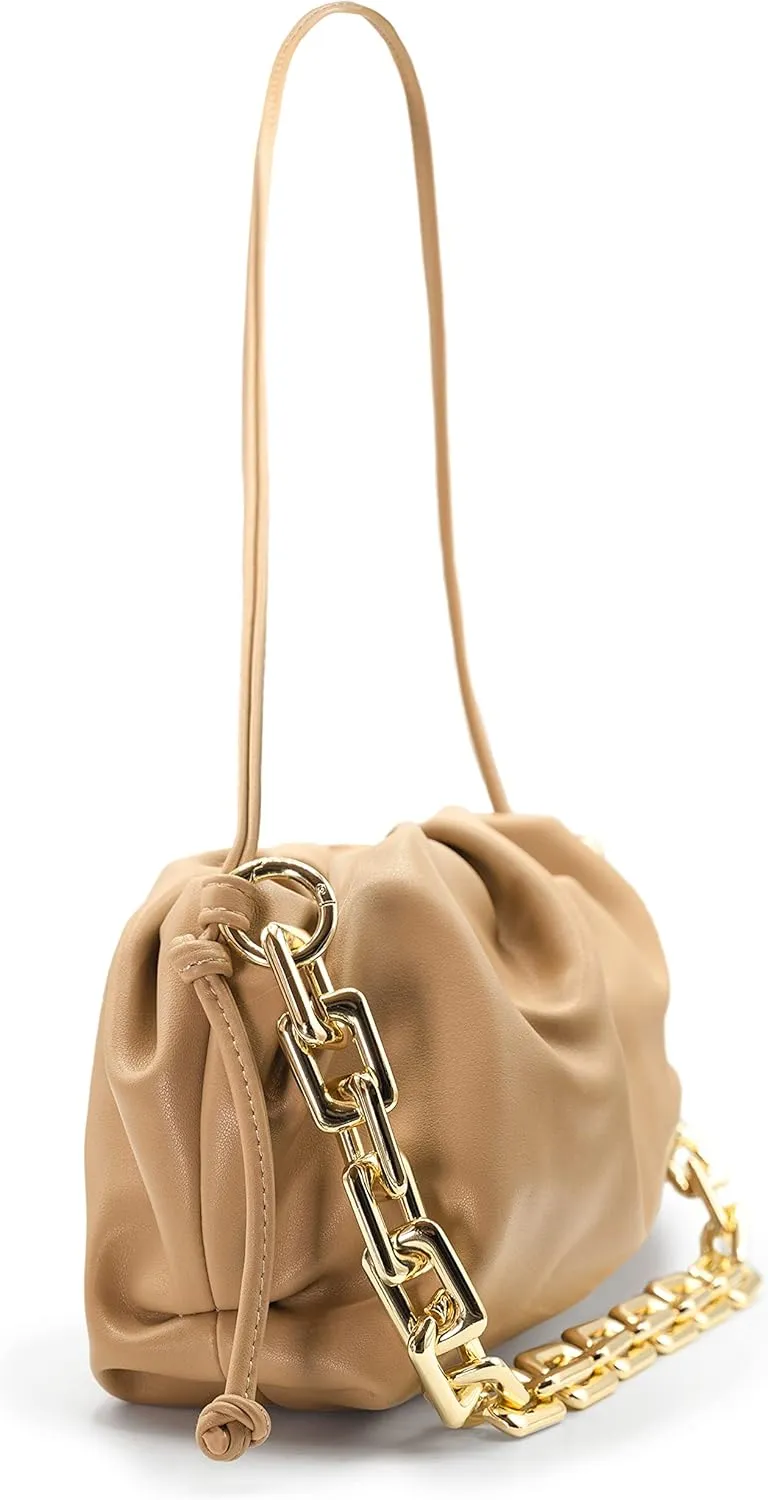Women's Chain Link Cloud Clutch Bag | Dumpling-Shaped Pouch Purse Handbag | Ruched Chunky Chain Link Shoulder Handbags