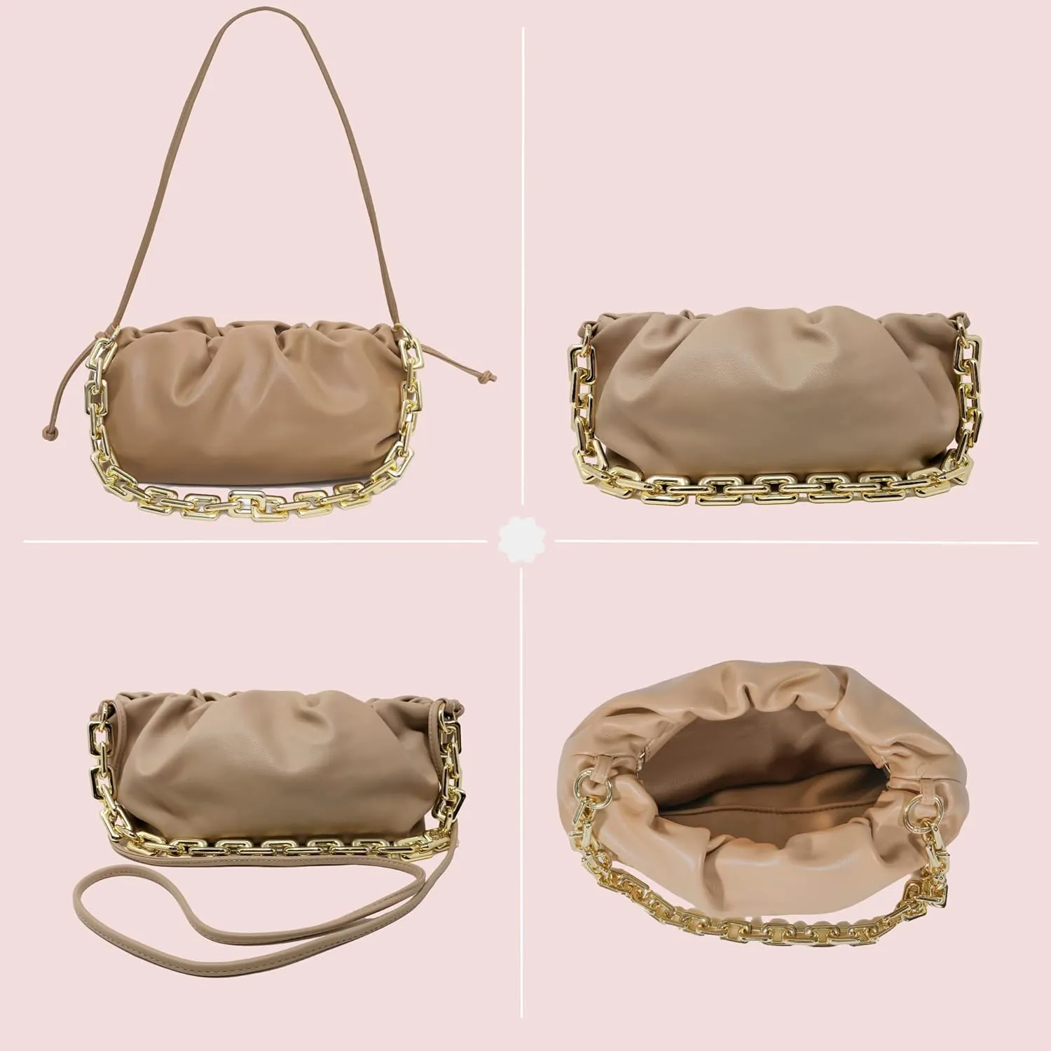 Women's Clutch Purse Bag | Cloud-Shaped Dumpling Chain Pouch | Ruched Chain Link Shoulder Handbag