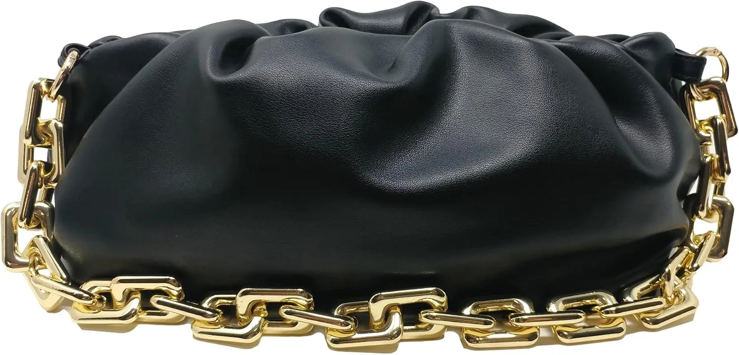 Women's Clutch Purse Bag | Cloud-Shaped Dumpling Chain Pouch | Ruched Chain Link Shoulder Handbag
