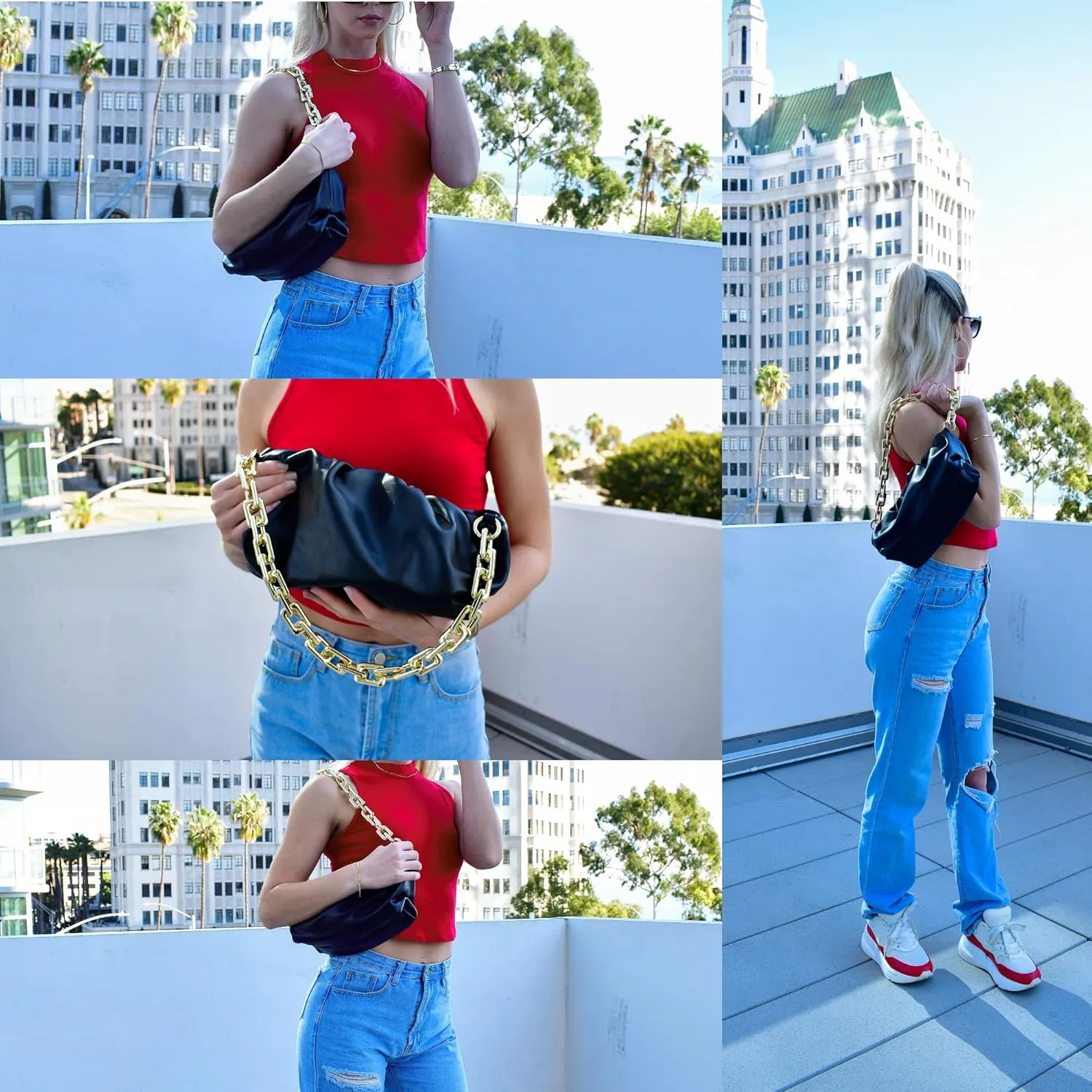 Women's Clutch Purse Bag | Cloud-Shaped Dumpling Chain Pouch | Ruched Chain Link Shoulder Handbag