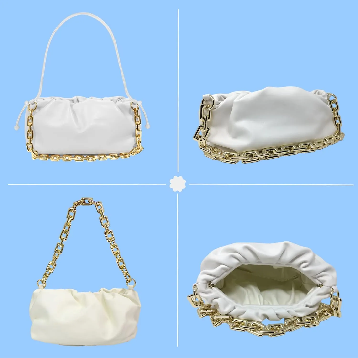 Women's Clutch Purse Bag | Cloud-Shaped Dumpling Chain Pouch | Ruched Chain Link Shoulder Handbag
