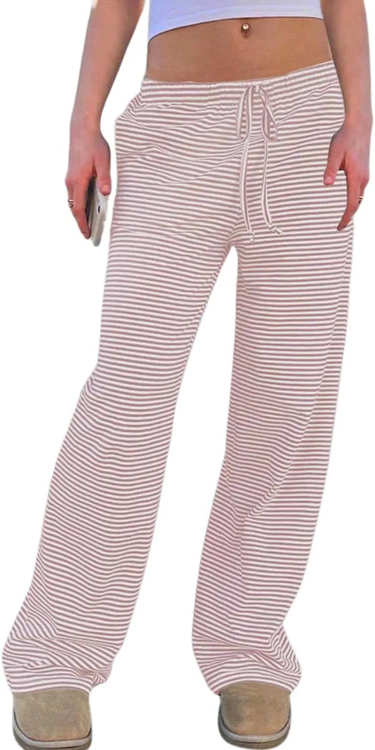 Womens Comfy Pajama Pants Striped Low Waisted Lounge Pants Elastic Waist Drawstring Long Trousers
