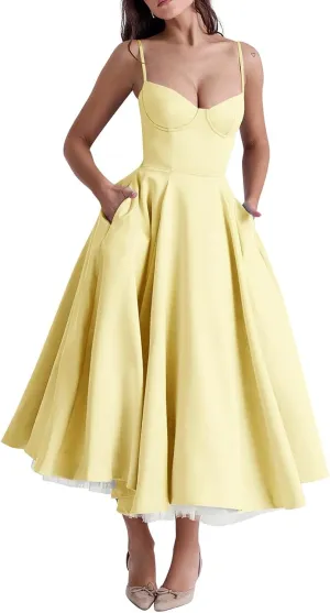 Womens Corset Dress Ball Gown Vintage Cocktail Dress Party Dress Tea Length Sleeveless Spaghetti Strap Prom Dress
