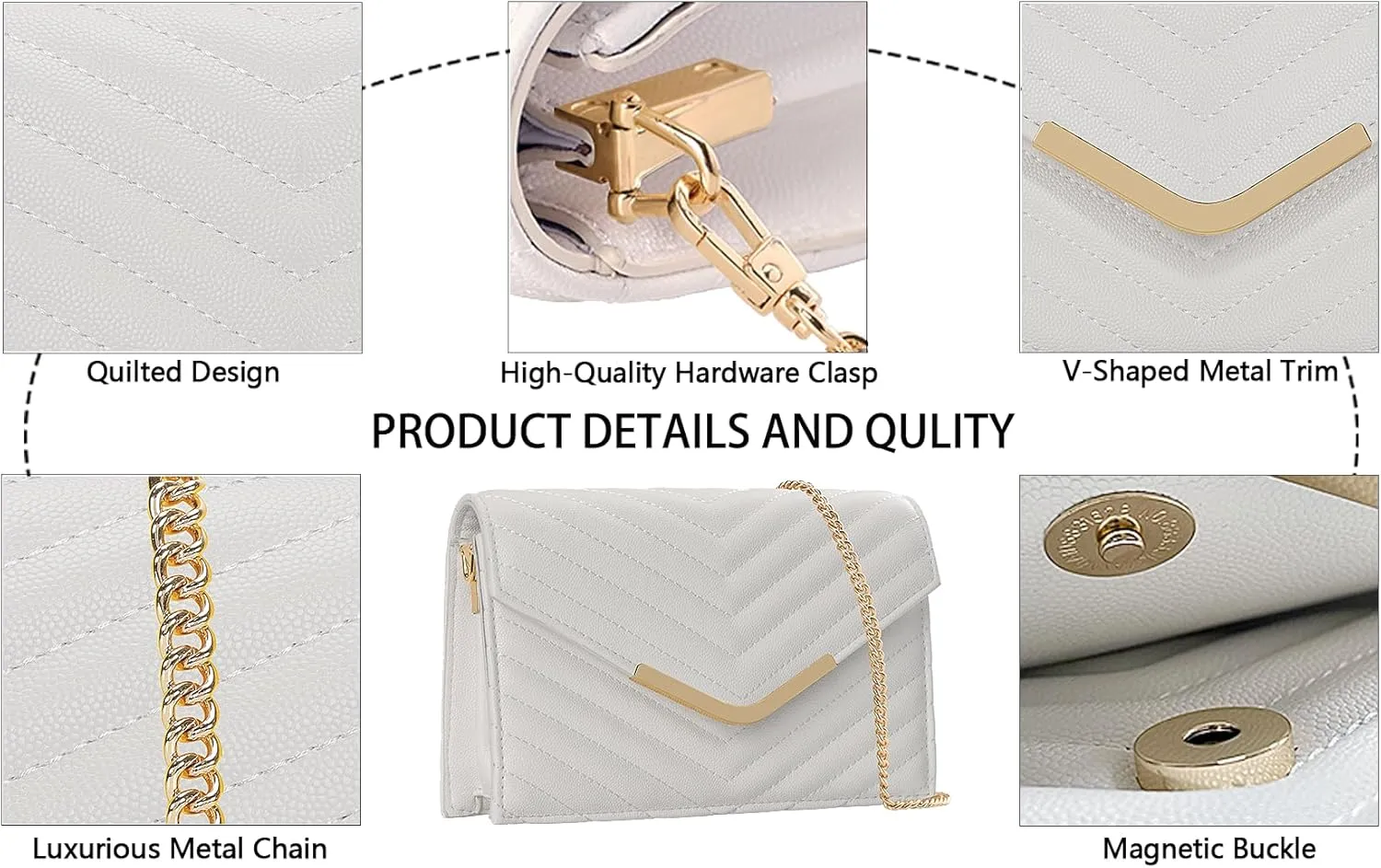 Women's Crossbody Bag - Vegan Leather Quilted Shoulder Purse,Detachable Chain Strap&Multi-Pockets for Everyday Use