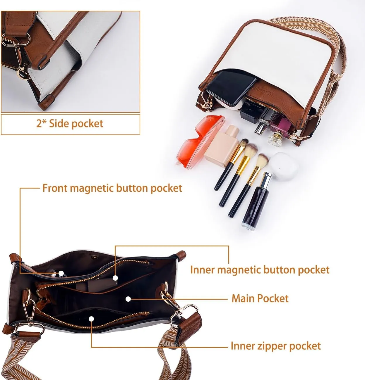 Women's Crossbody Handbags Vegen Leather Purses 2Pcs Hobo Purse Bags Wallet Set with 2 Adjustable Guitar Strap