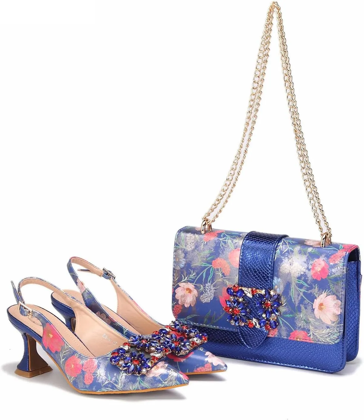 Women’s Designer Rhinestone Embellished Party Shoes and Purse Combo Comfortable Heels for Formal and Weddings