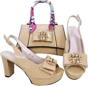 Women’s Designer Rhinestone Embellished Party Shoes and Purse Set Comfortable Heels for Formal Occasions