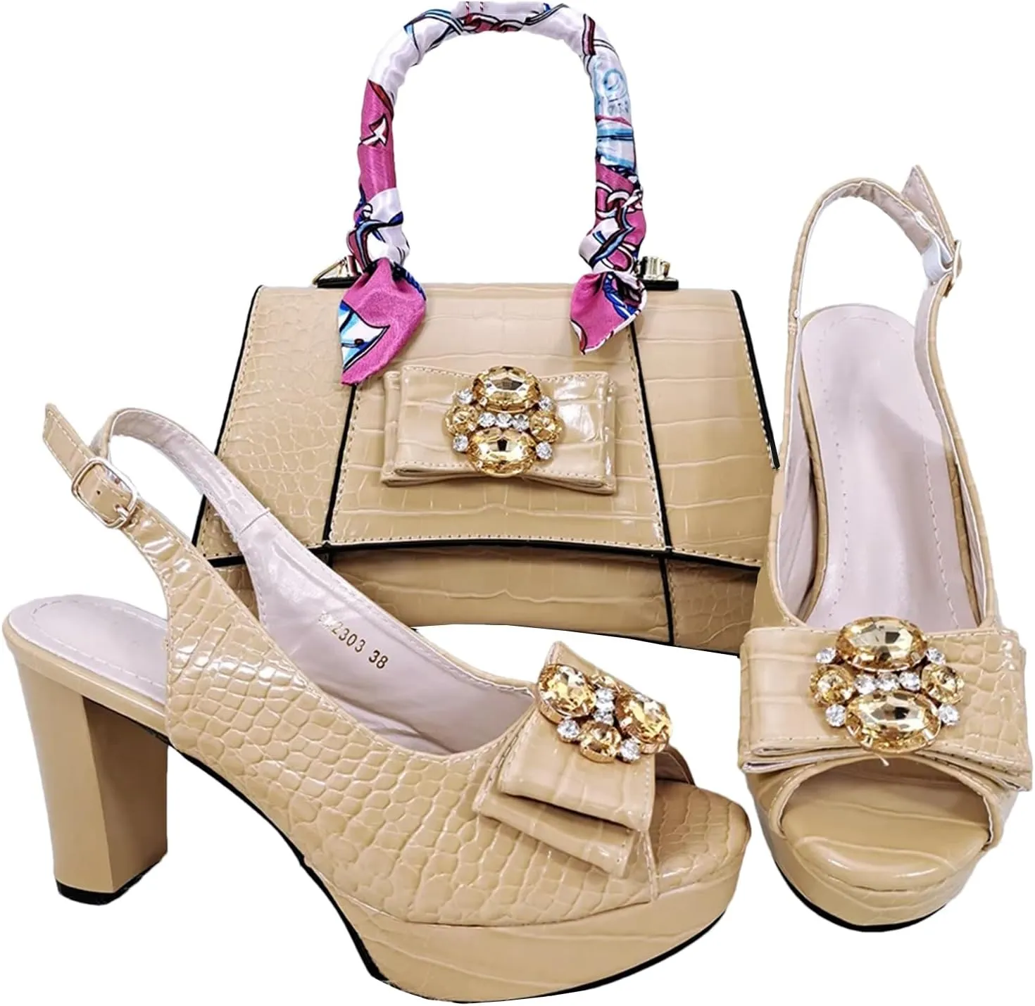 Women’s Designer Rhinestone Embellished Party Shoes and Purse Set Comfortable Heels for Formal Occasions