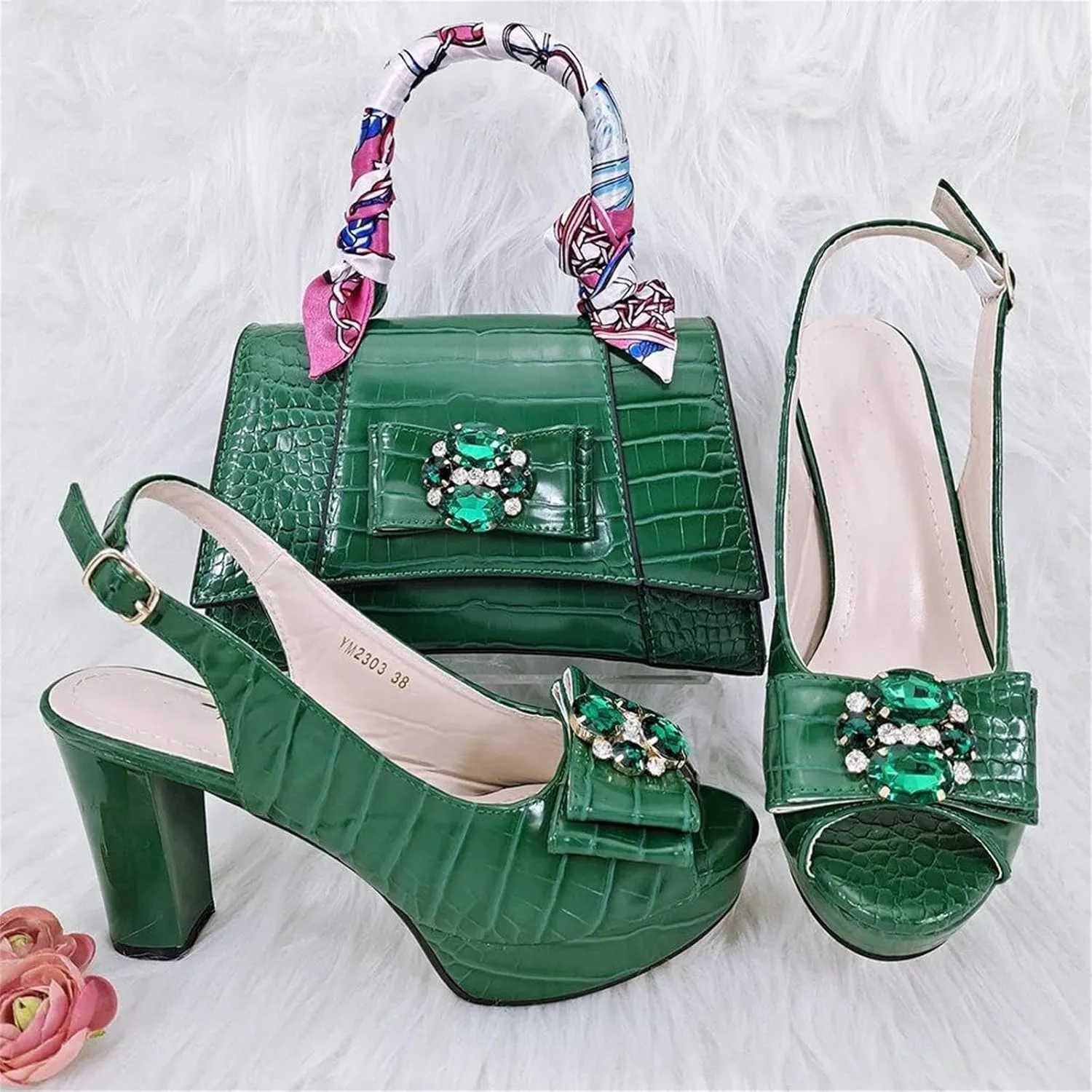Women’s Designer Rhinestone Embellished Party Shoes and Purse Set Comfortable Heels for Formal Occasions