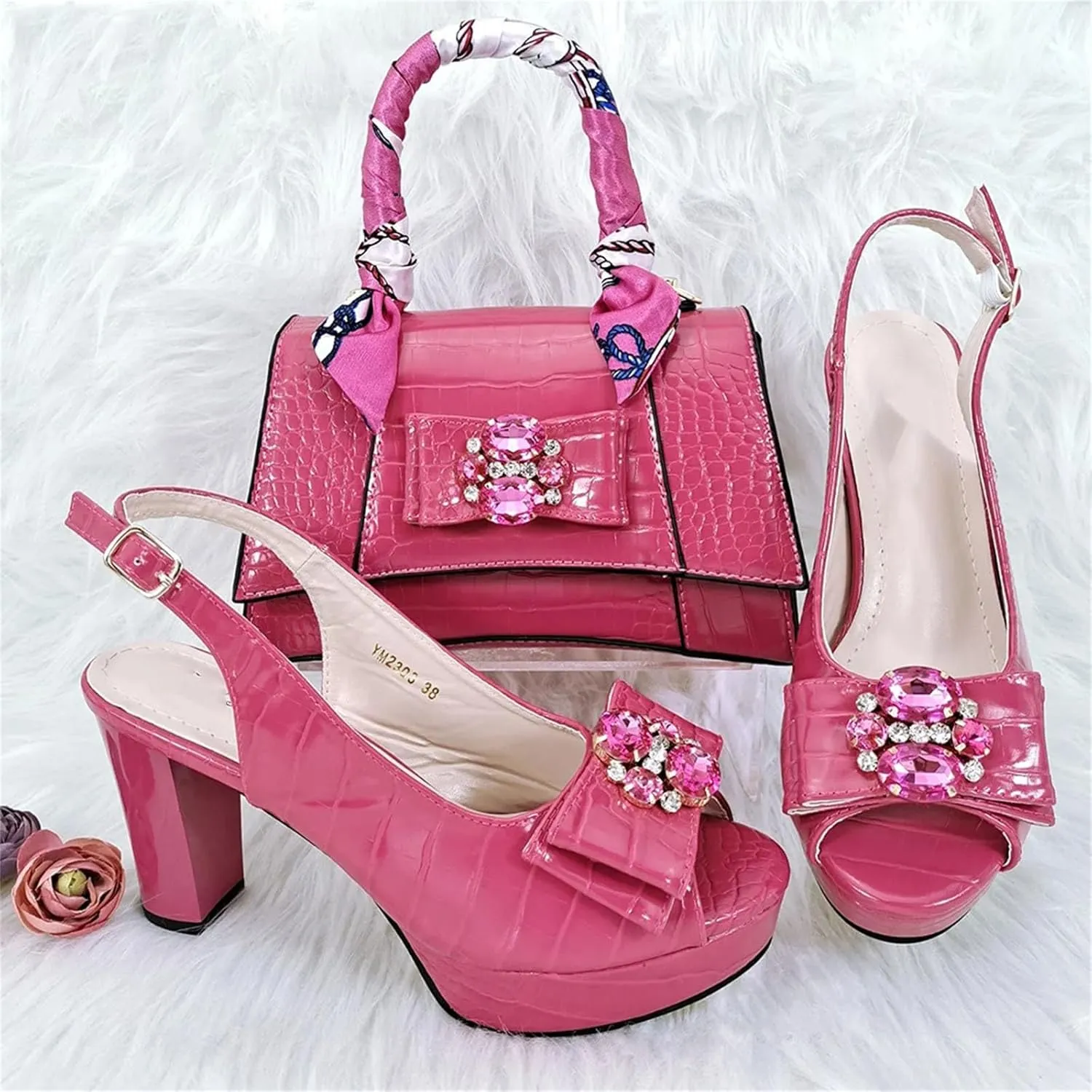 Women’s Designer Rhinestone Embellished Party Shoes and Purse Set Comfortable Heels for Formal Occasions
