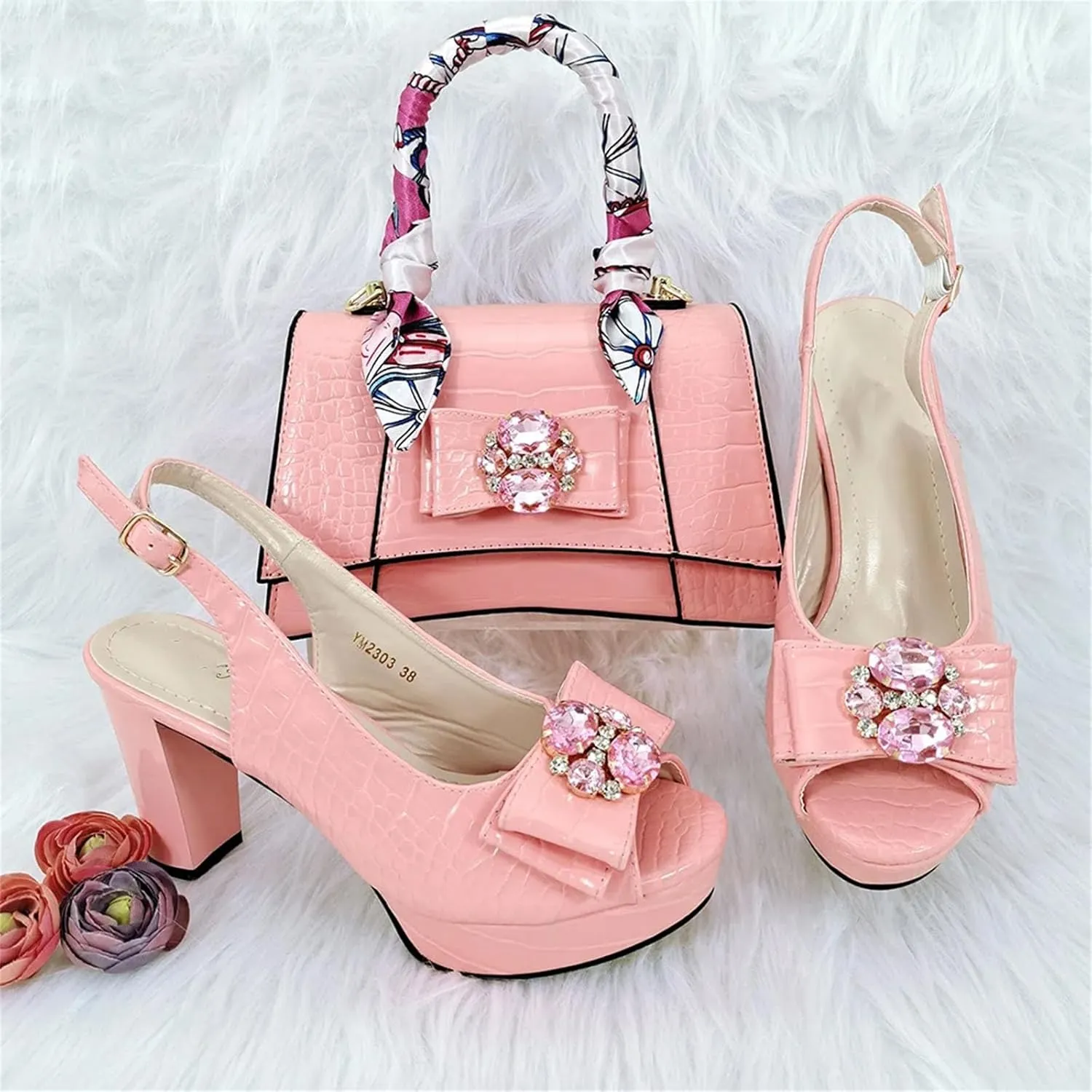 Women’s Designer Rhinestone Embellished Party Shoes and Purse Set Comfortable Heels for Formal Occasions