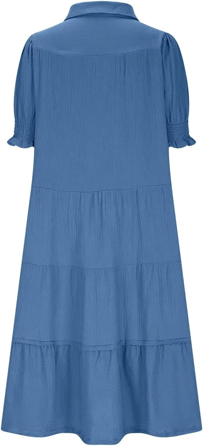 Women's Elegant Multi-Layered Ruffle Hem Pleated Long Skirts Lapel V Neck Puff Sleeve Loose Dresses Prom Concert