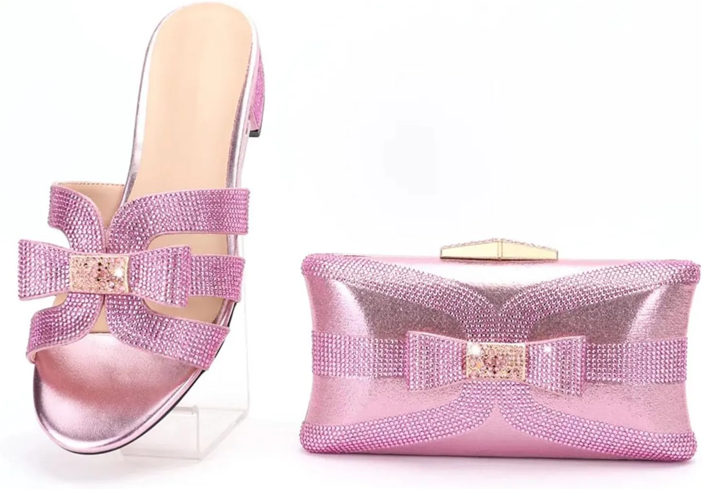 Womens Elegant Rhinestone Embellished Party Shoes and Matching Purse Set Comfortable High Heels for Special Occasions