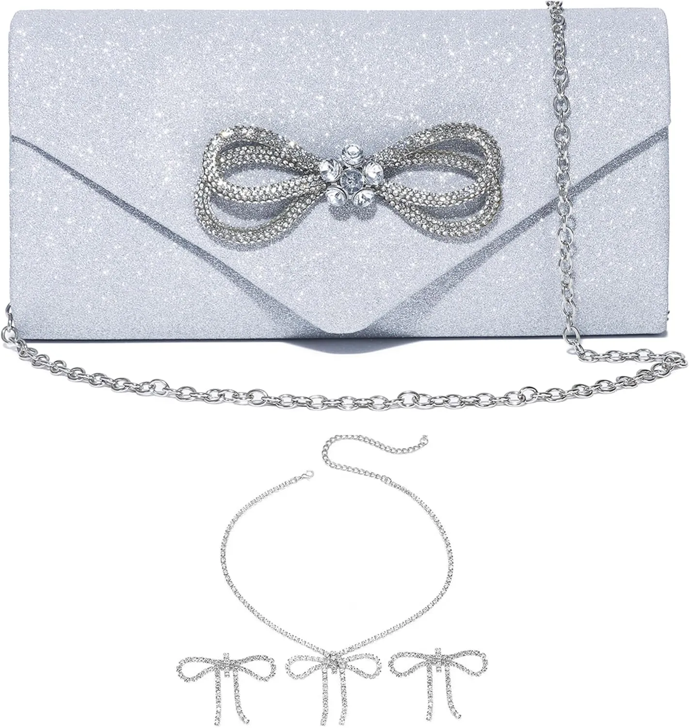 Womens Evening Bag Sparkly Bow Clutch Purse Jewelry Sets Silver Bow