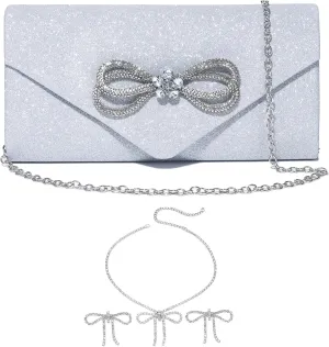 Womens Evening Bag Sparkly Bow Clutch Purse Jewelry Sets Silver Bow