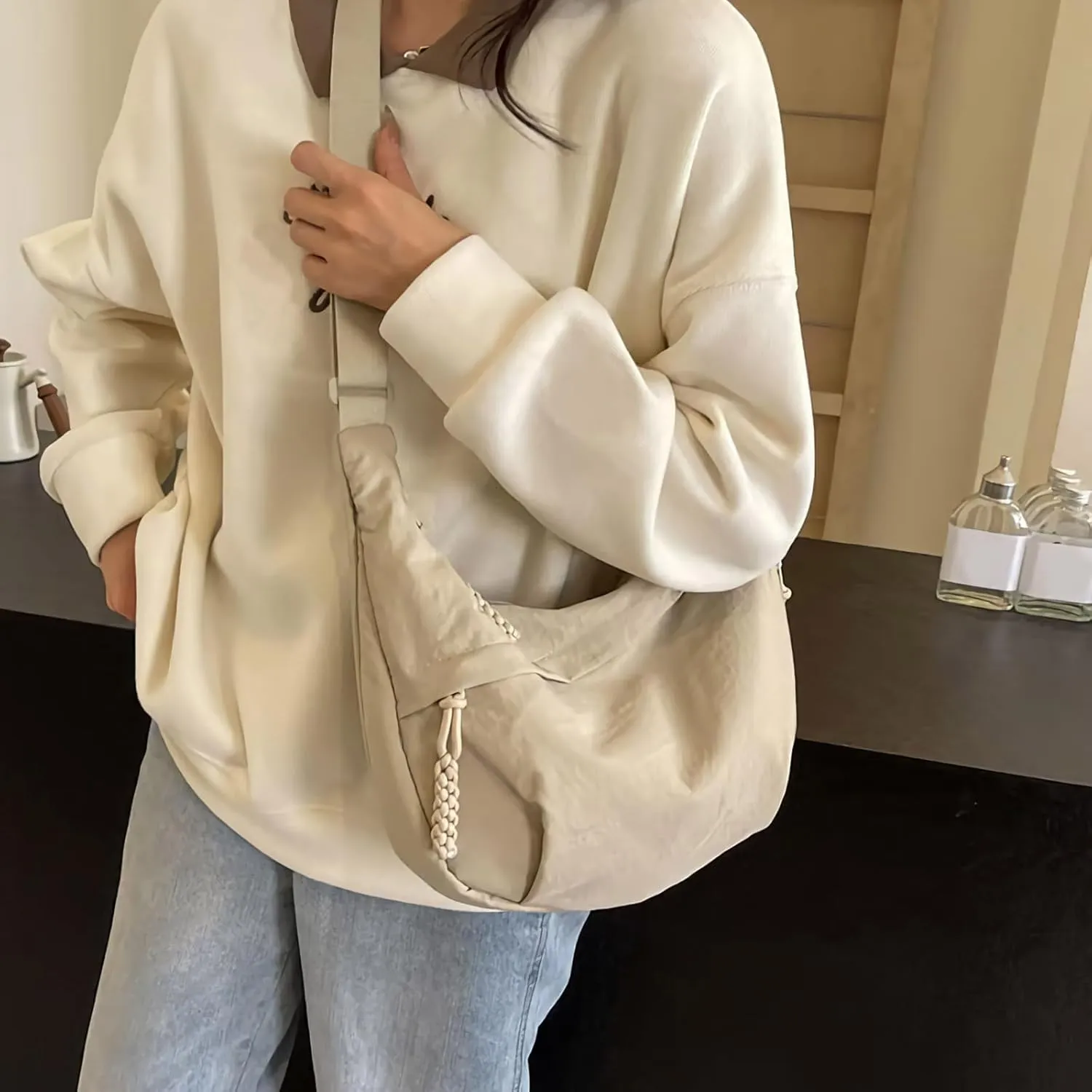 Women's Fashion Plain Color Nylon Crossbody Bag, Lightweight Crescent Over Shoulder Purse, Adjustable Travel Casual Bag