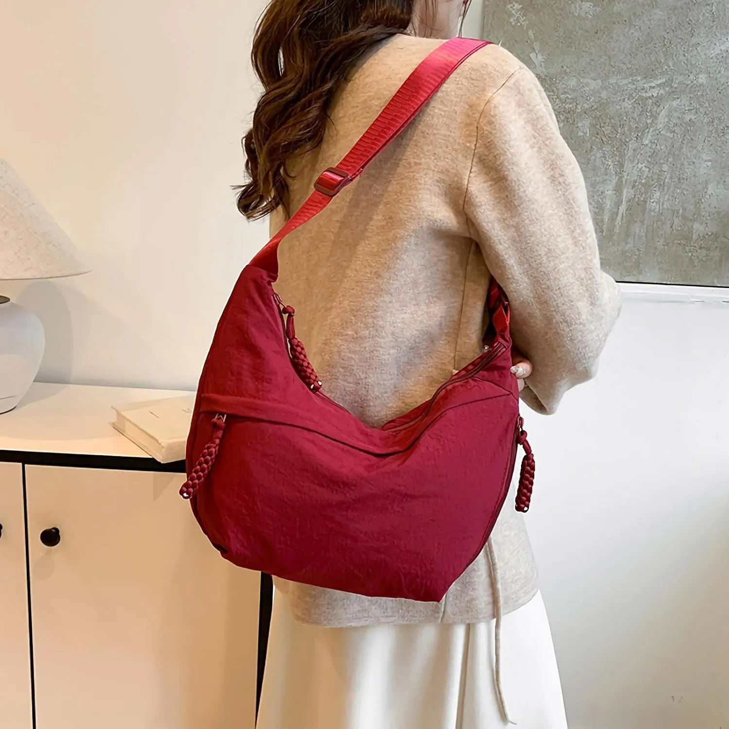 Women's Fashion Plain Color Nylon Crossbody Bag, Lightweight Crescent Over Shoulder Purse, Adjustable Travel Casual Bag
