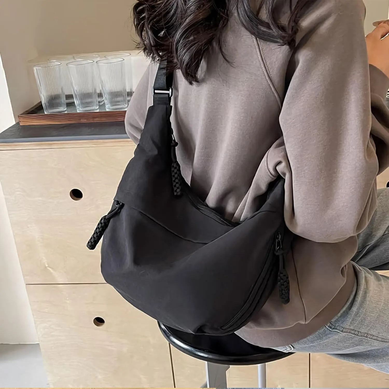 Women's Fashion Plain Color Nylon Crossbody Bag, Lightweight Crescent Over Shoulder Purse, Adjustable Travel Casual Bag