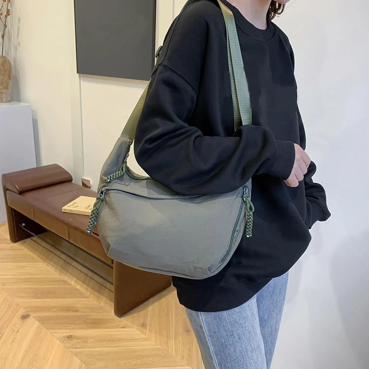 Women's Fashion Plain Color Nylon Crossbody Bag, Lightweight Crescent Over Shoulder Purse, Adjustable Travel Casual Bag