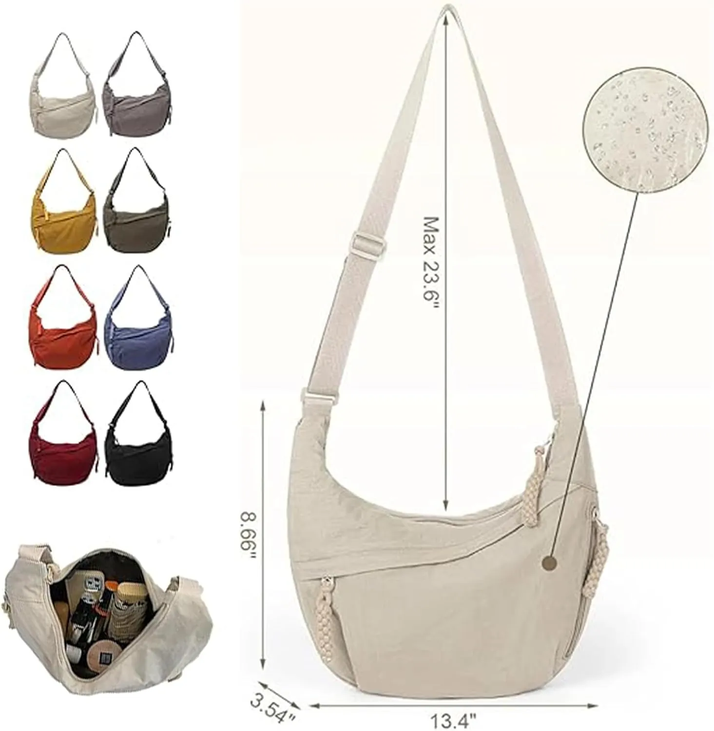 Women's Fashion Plain Color Nylon Crossbody Bag, Slouchy Sling Bag, Nylon Crescent Bag, Multi-Pocket Sling Bag