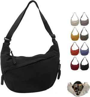 Women's Fashion Plain Color Nylon Crossbody Bag, Slouchy Sling Bag, Nylon Crescent Bag, Multi-Pocket Sling Bag