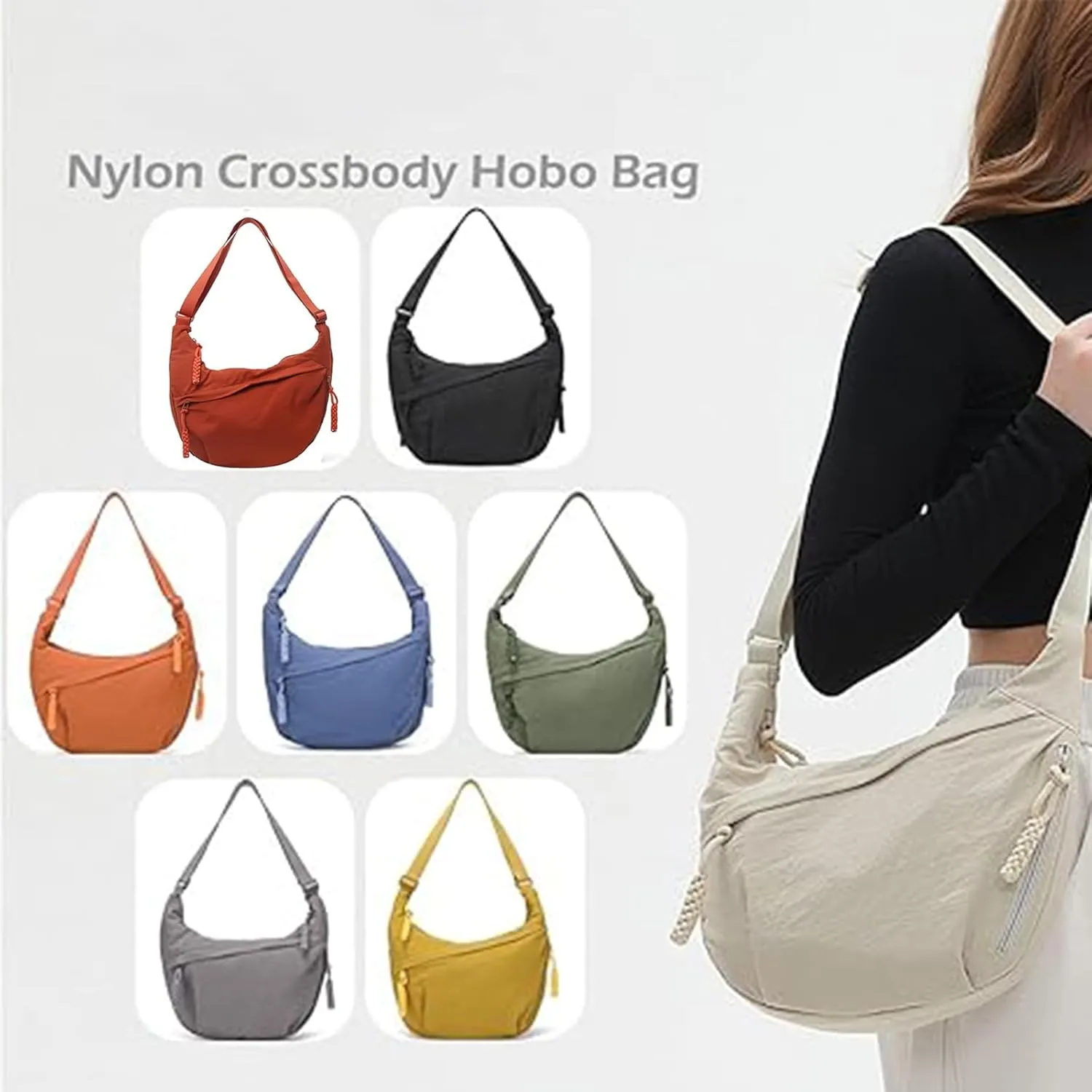 Women's Fashion Plain Color Nylon Crossbody Bag, Slouchy Sling Bag, Nylon Crescent Bag, Multi-Pocket Sling Bag