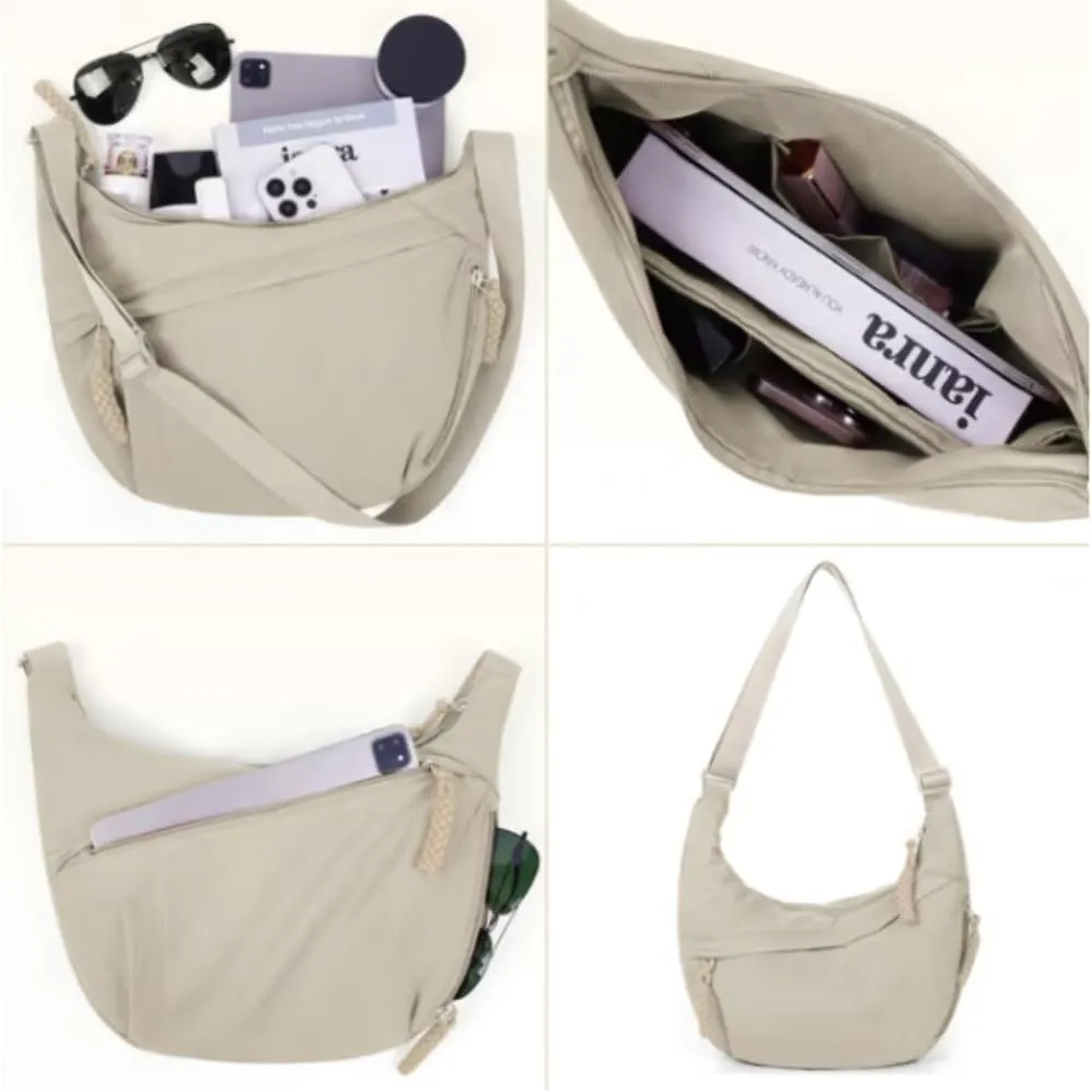 Women's Fashion Plain Color Nylon Crossbody Hobo Bag Large Shoulder Bags Crescent Bag with Adjustable Strap(A02)