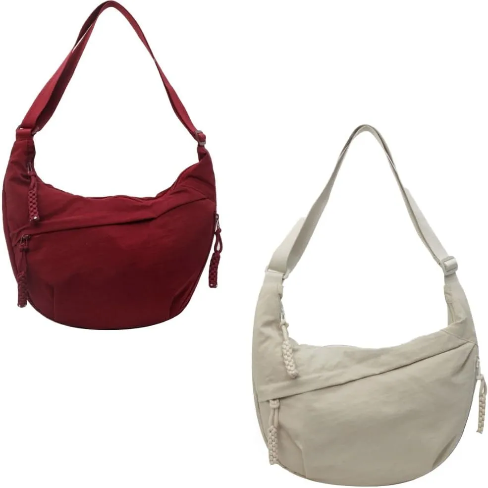 Women's Fashion Plain Color Nylon Crossbody Hobo Bag Large Shoulder Bags Crescent Bag with Adjustable Strap(A02)