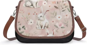 Women's Handbag Cute Bunnies Rabbits Floral Satchel Bag Leather Crossbody Bag Waterproof Messenger Bag