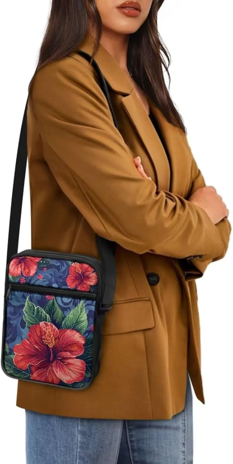 Women's Hibiscus Flower Crossbody Bag, Zip Small Messenger Shoulder Storage Bags