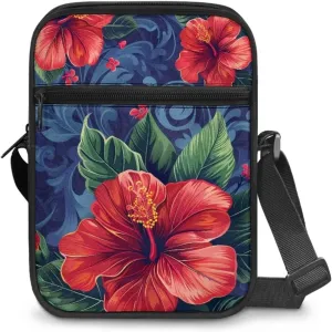 Women's Hibiscus Flower Crossbody Bag, Zip Small Messenger Shoulder Storage Bags
