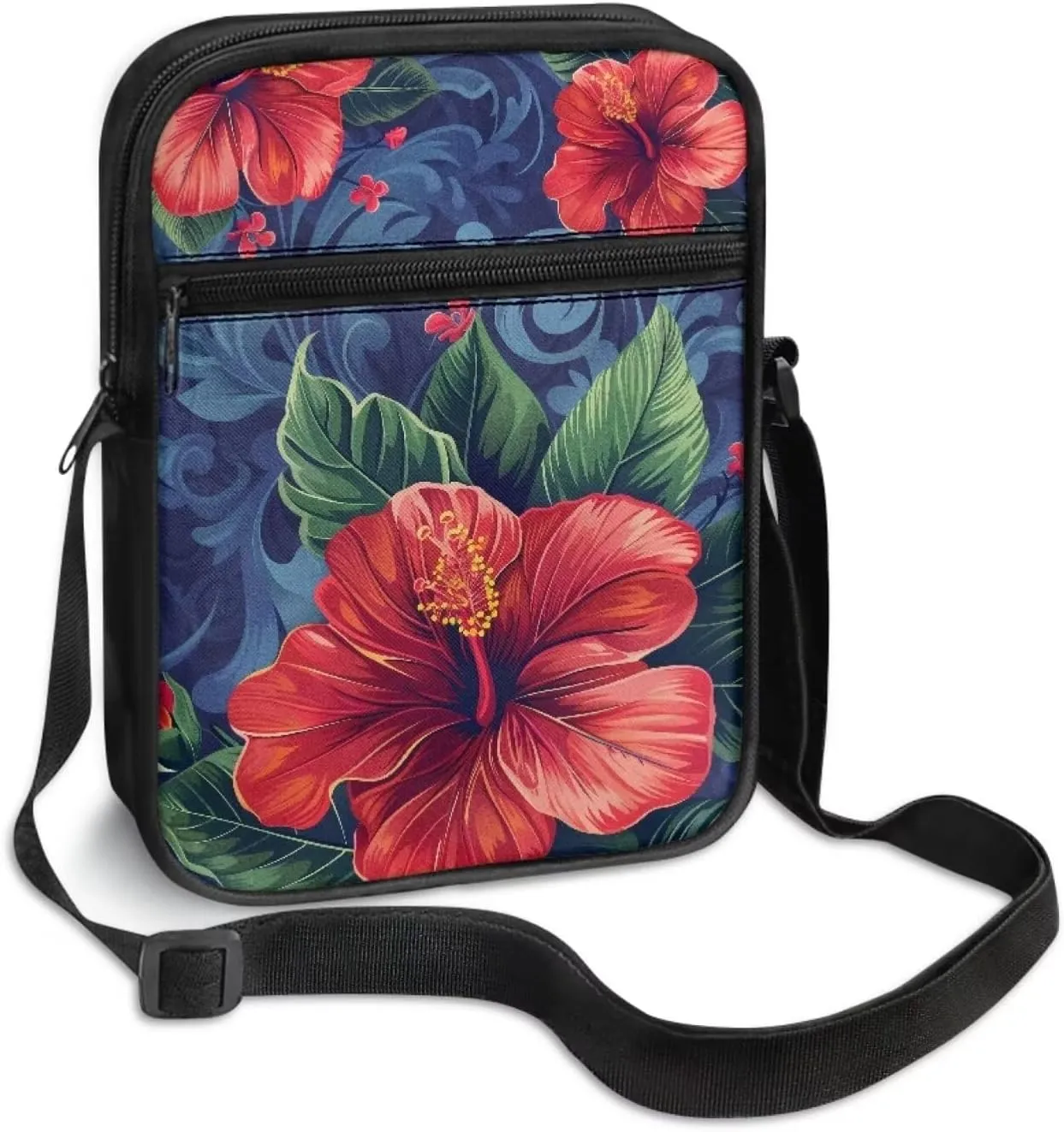 Women's Hibiscus Flower Crossbody Bag, Zip Small Messenger Shoulder Storage Bags