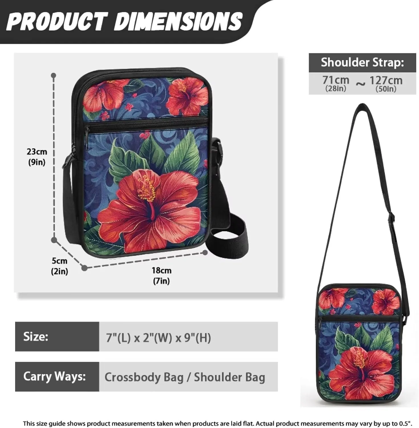 Women's Hibiscus Flower Crossbody Bag, Zip Small Messenger Shoulder Storage Bags