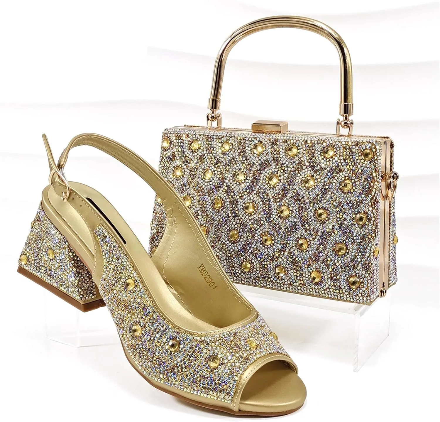 Womens Italian Style Luxury Wedding Shoes and Matching Purse Set Rhinestone Embellished Heels for Bride