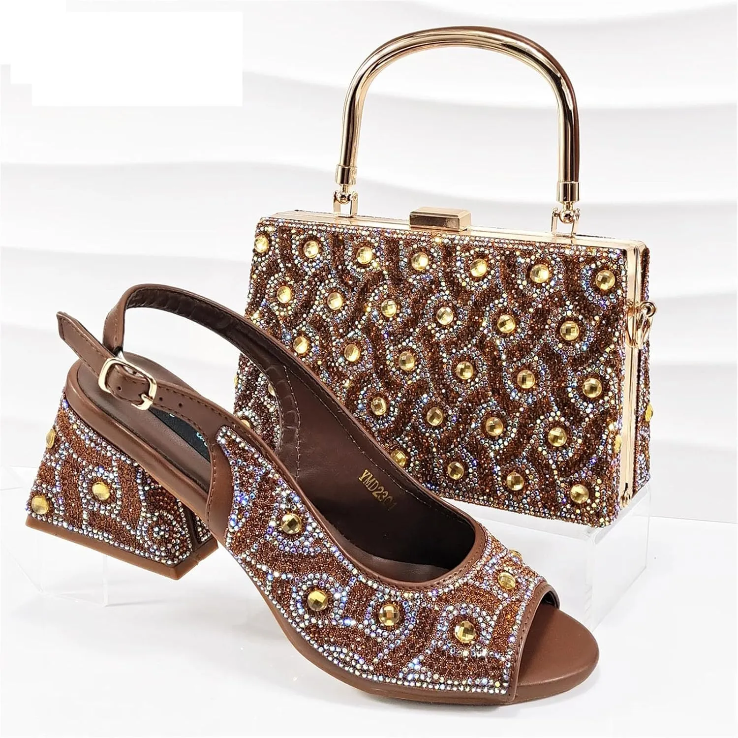Womens Italian Style Luxury Wedding Shoes and Matching Purse Set Rhinestone Embellished Heels for Bride
