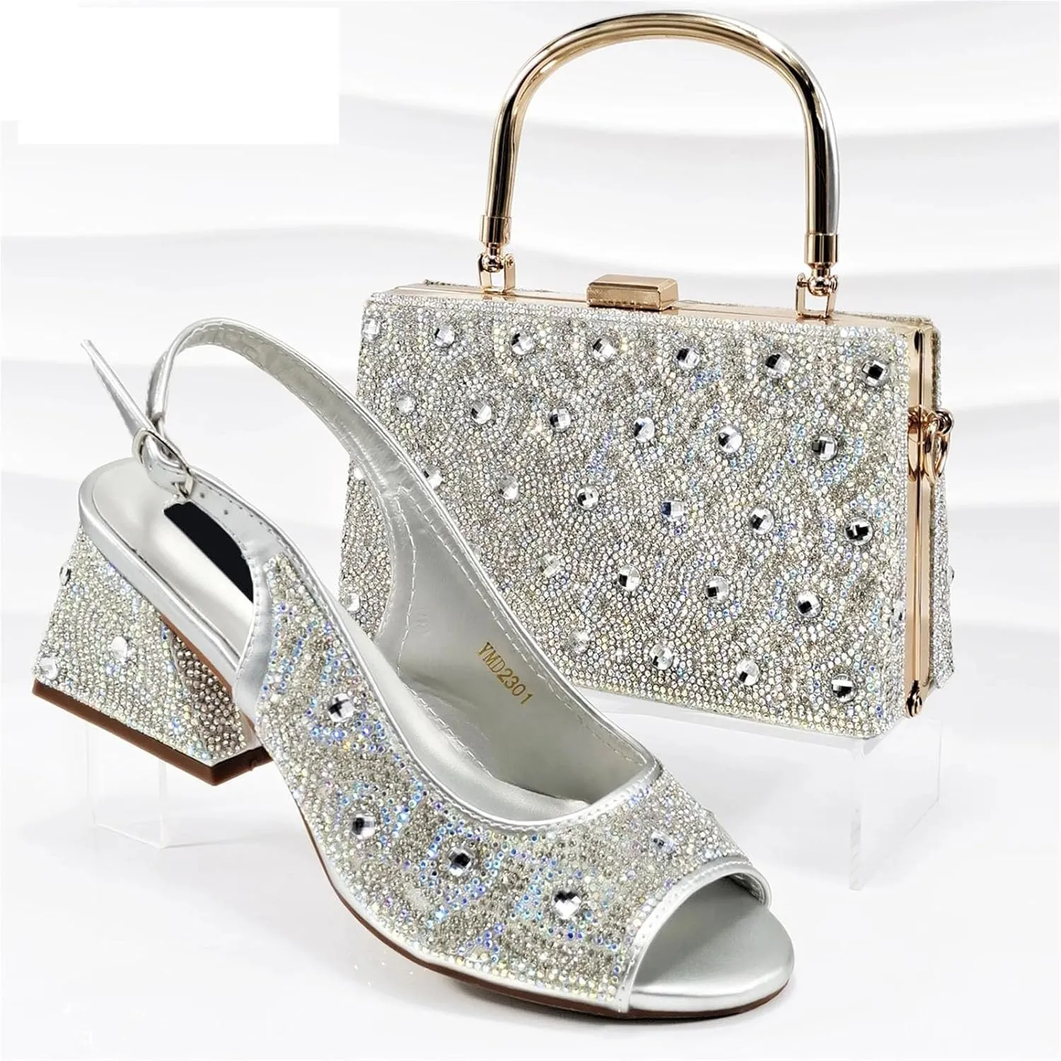 Womens Italian Style Luxury Wedding Shoes and Matching Purse Set Rhinestone Embellished Heels for Bride