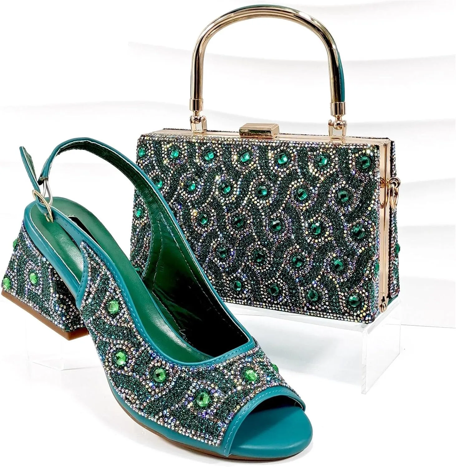 Womens Italian Style Luxury Wedding Shoes and Matching Purse Set Rhinestone Embellished Heels for Bride