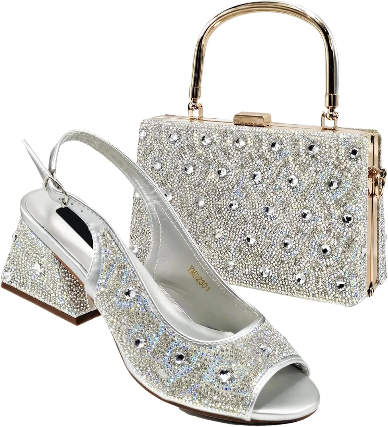 Womens Italian Style Luxury Wedding Shoes and Matching Purse Set Rhinestone Embellished Heels for Bride