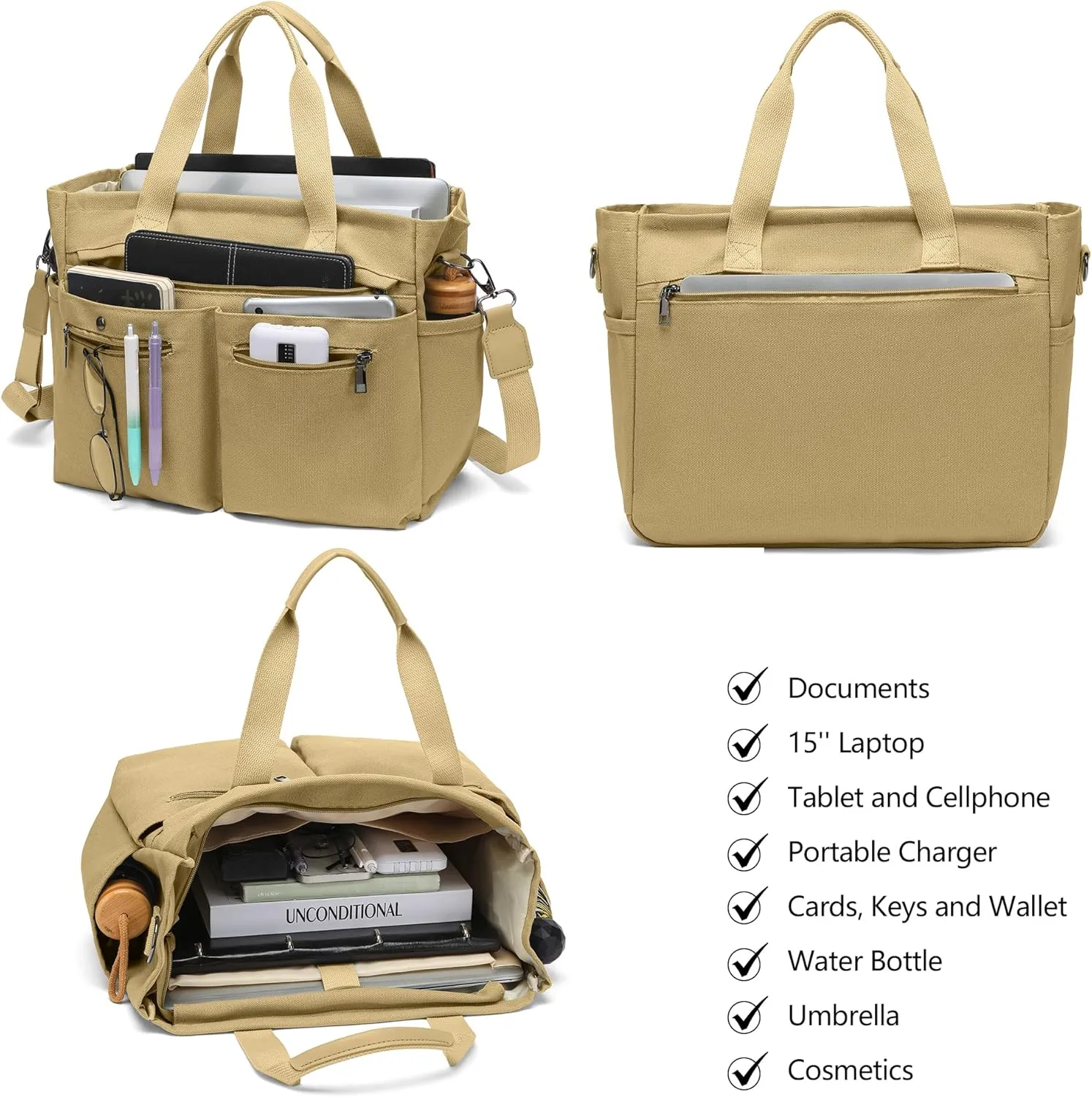 Women's Large Canvas Tote Bag Set (2PCs) - Ideal for Laptop, Hobo, Crossbody, Handbag, Travel, Gym & Work