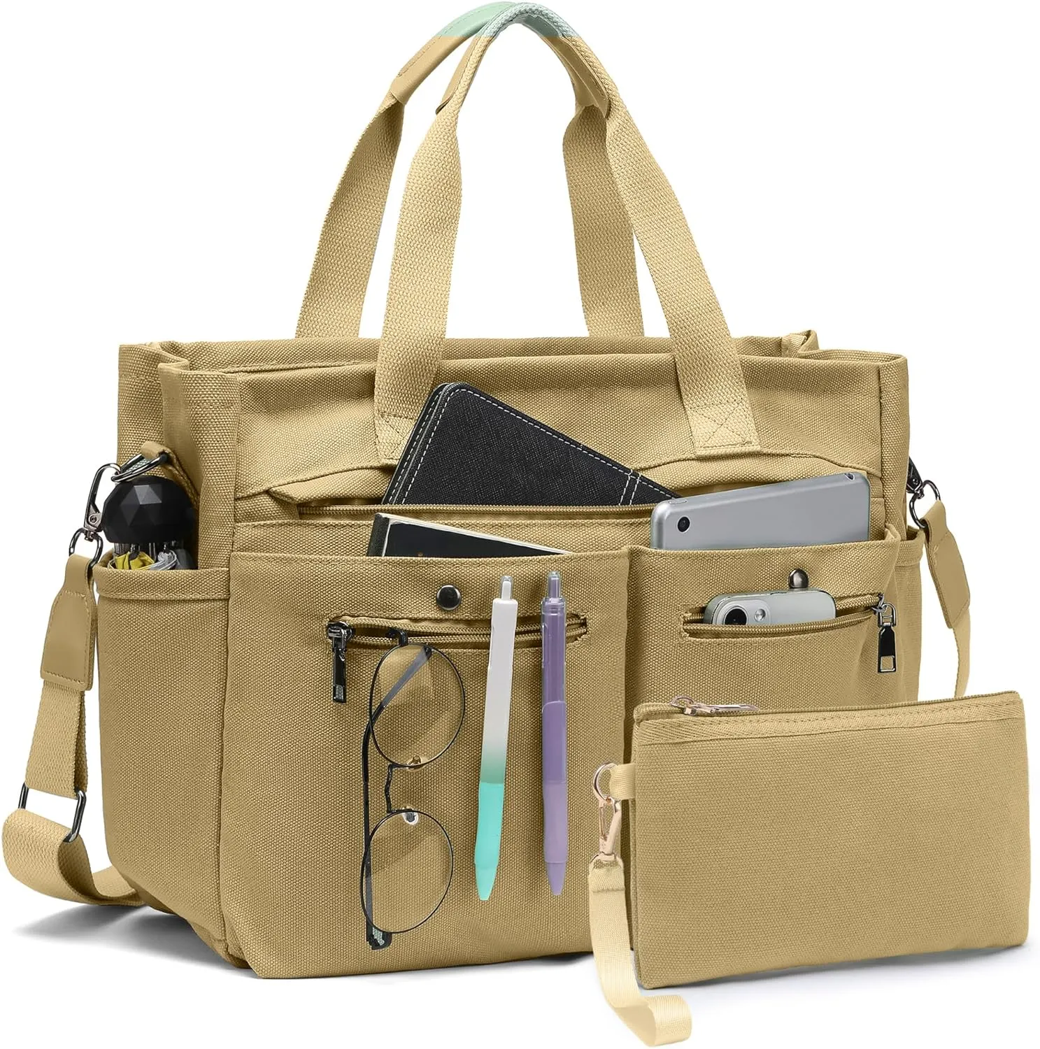 Women's Large Canvas Tote Bag Set (2PCs) - Ideal for Laptop, Hobo, Crossbody, Handbag, Travel, Gym & Work