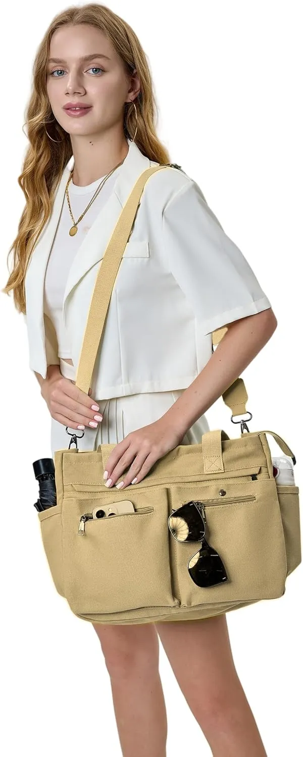 Women's Large Canvas Tote Bag Set (2PCs) - Ideal for Laptop, Hobo, Crossbody, Handbag, Travel, Gym & Work