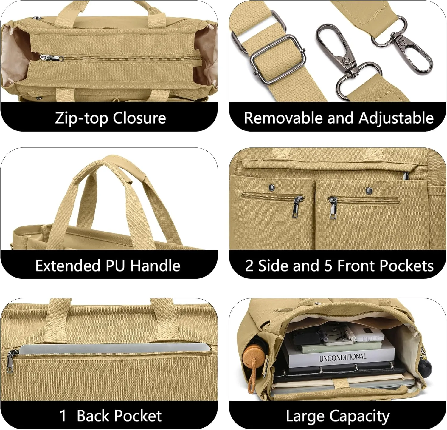 Women's Large Canvas Tote Bag Set (2PCs) - Ideal for Laptop, Hobo, Crossbody, Handbag, Travel, Gym & Work