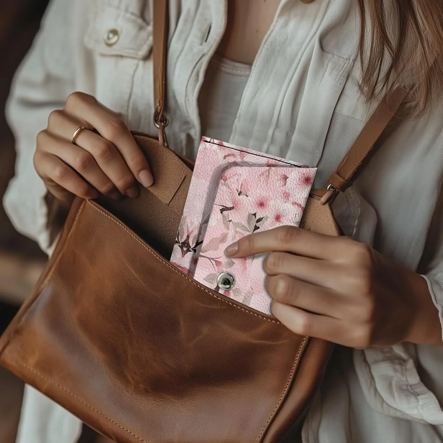 Women's Long Bifold Wallet Leather Card Holder Purse Butterfly Cherry Blossom Fashion Clutch Wallet with Metal Snap Button Trendy Handbag for Women Lady