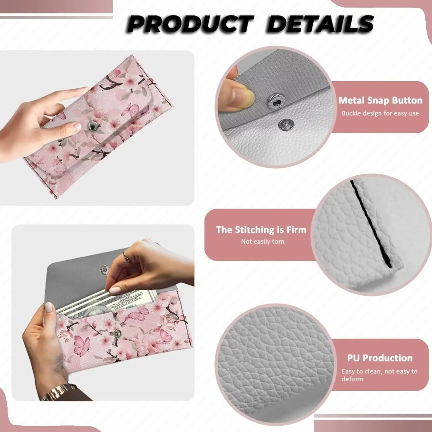 Women's Long Bifold Wallet Leather Card Holder Purse Butterfly Cherry Blossom Fashion Clutch Wallet with Metal Snap Button Trendy Handbag for Women Lady
