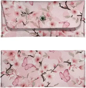 Women's Long Bifold Wallet Leather Card Holder Purse Butterfly Cherry Blossom Fashion Clutch Wallet with Metal Snap Button Trendy Handbag for Women Lady
