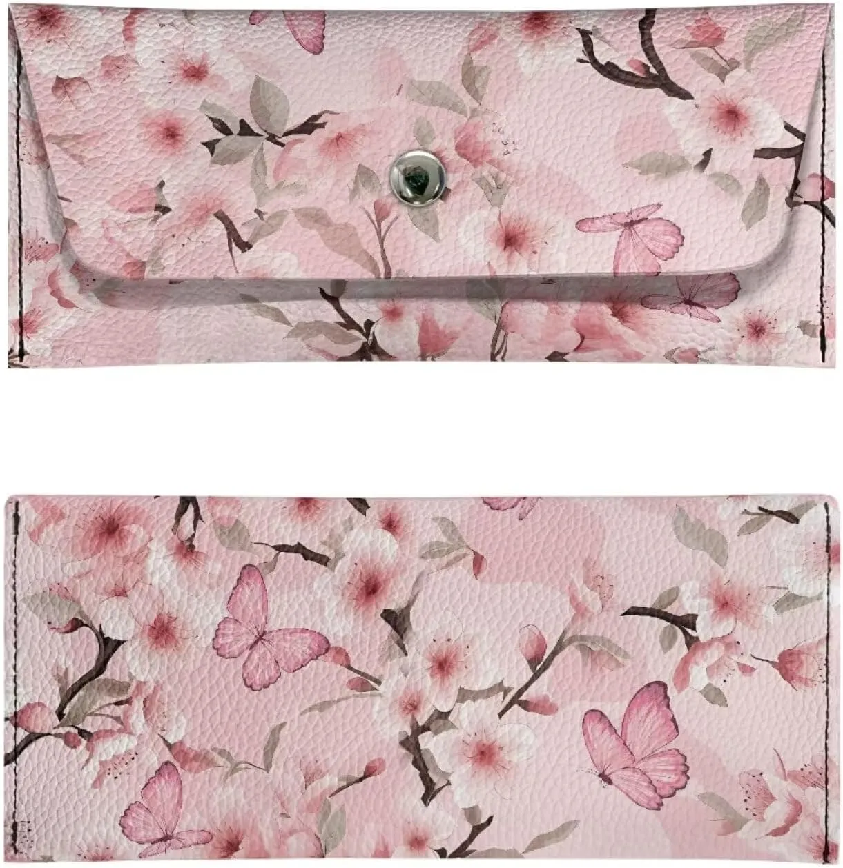 Women's Long Bifold Wallet Leather Card Holder Purse Butterfly Cherry Blossom Fashion Clutch Wallet with Metal Snap Button Trendy Handbag for Women Lady