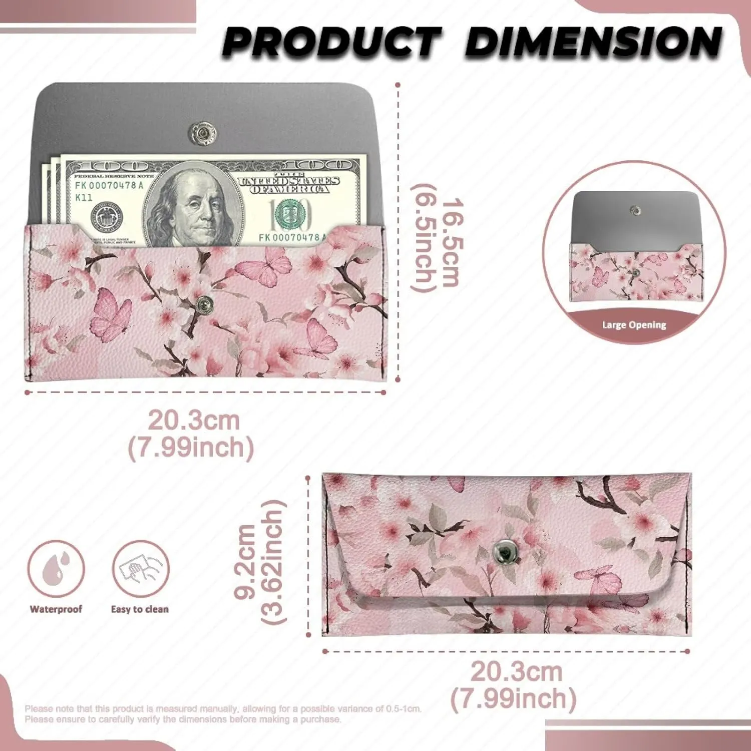 Women's Long Bifold Wallet Leather Card Holder Purse Butterfly Cherry Blossom Fashion Clutch Wallet with Metal Snap Button Trendy Handbag for Women Lady