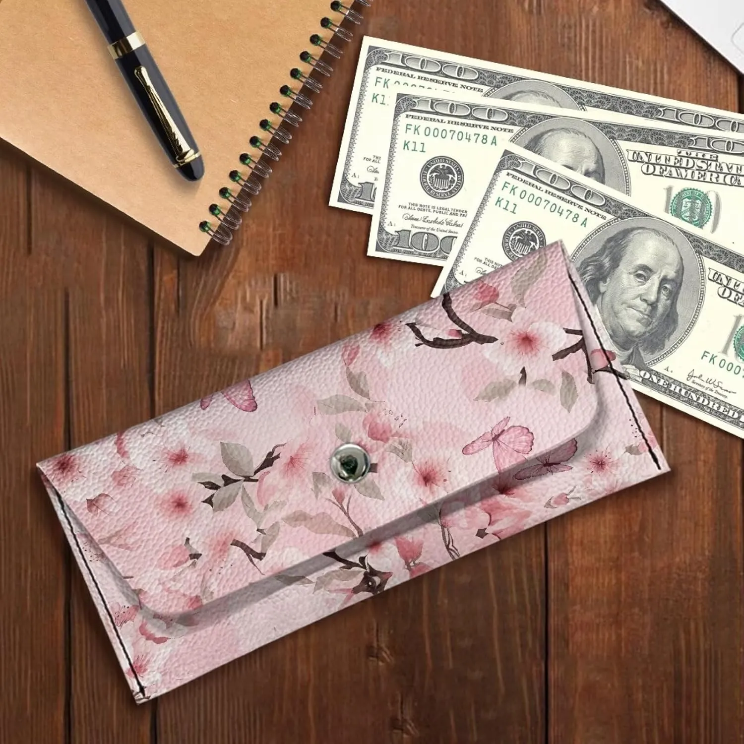 Women's Long Bifold Wallet Leather Card Holder Purse Butterfly Cherry Blossom Fashion Clutch Wallet with Metal Snap Button Trendy Handbag for Women Lady